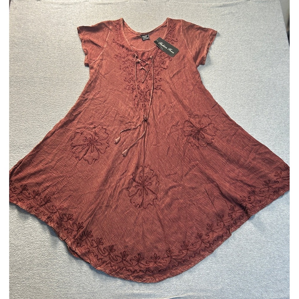 Fashion Force Swing Dress Free Size Rust Embroidered Boho Lace Up Tunic Top